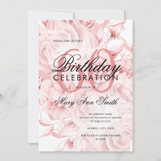 Invitation Élégante 60e fête d'anniversaire Floral Rose Gold (Devant)
