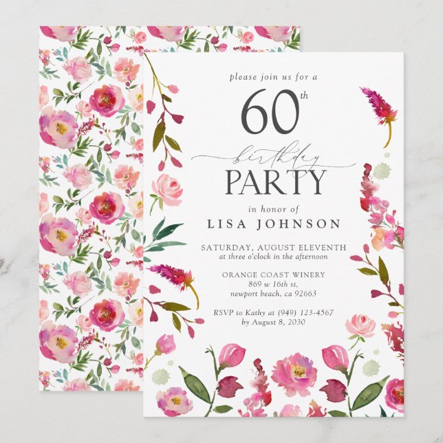 Invitation Elégante 60ème Aquarelle rose Fleur Anniversaire (Devant / Derrière)
