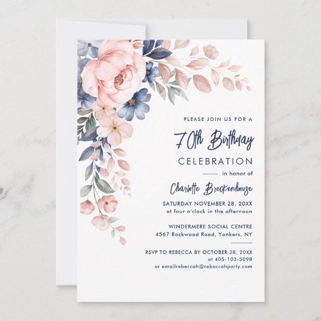 Invitation Elégante 70e anniversaire Pink Floral Party Invita (Devant)