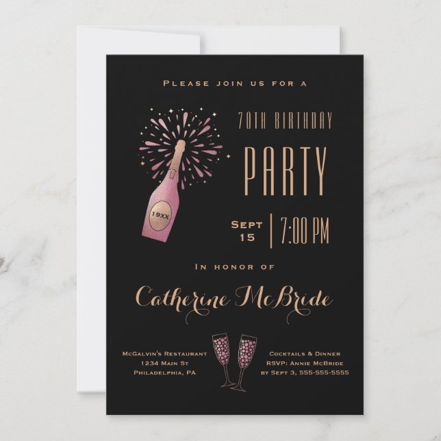 Invitation Élégante 70e fête d'anniversaire Champagne d'or no (Devant)