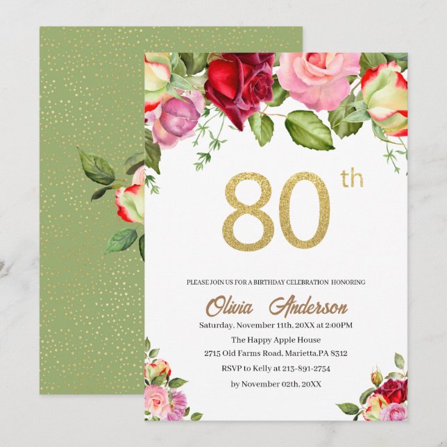 Invitation Elégante 80e anniversaire fête aquarelle Glit (Devant / Derrière)