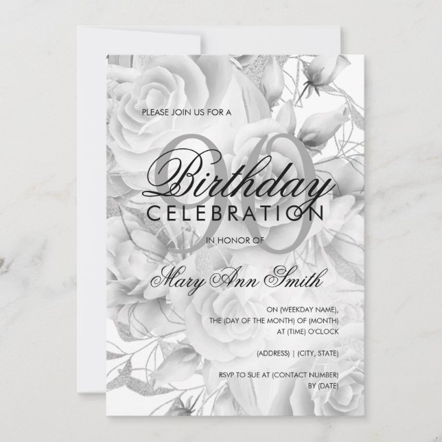 Invitation Elégante 90e fête d'anniversaire Floral Argent Bla (Devant)