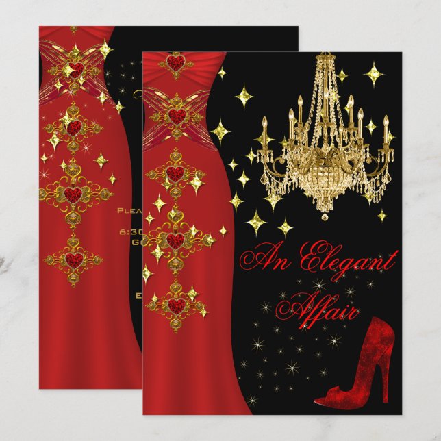 Invitation Elégante Affair Robe Rouge Chandelier Or Anniversa (Devant / Derrière)