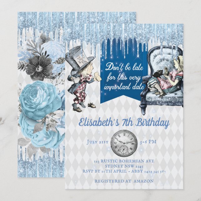 Invitation Elégante Alice de glace bleue au Wonderland Party (Devant / Derrière)