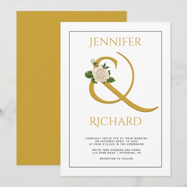 Invitation Elégante ampersande d'or et mariage de rose blanch (Devant / Derrière)
