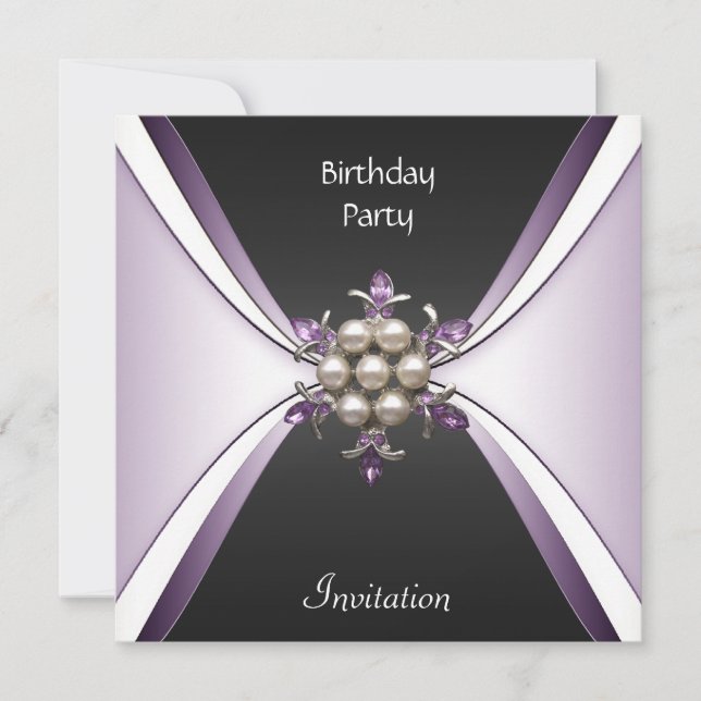 Invitation Élégante Anniversaire Mauve Bijou Noir (Devant)