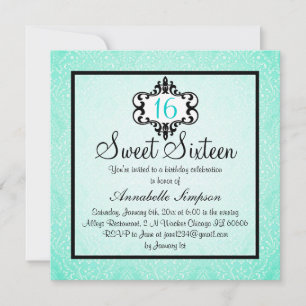 Invitation élégante Aqua & Black Chic Damask pour 