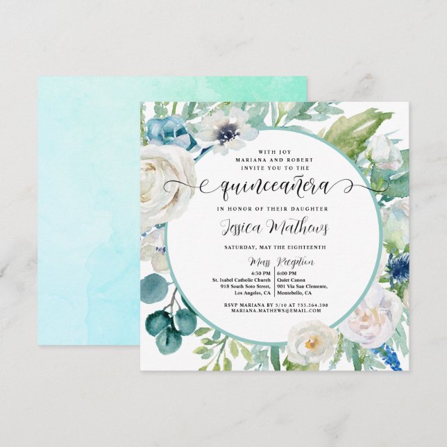 Invitation Elégante Aqua et Turquoise Turquoise Floral Quince (Devant / Derrière)