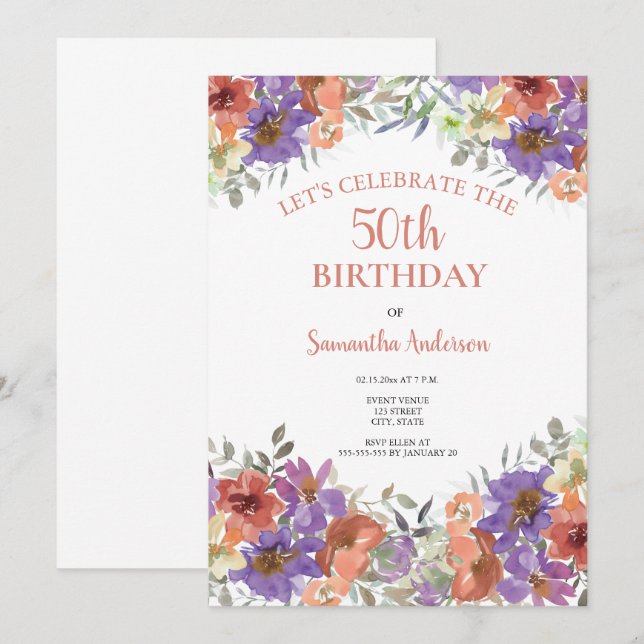 Invitation Elégante aquarelle 50e anniversaire Floral (Devant / Derrière)