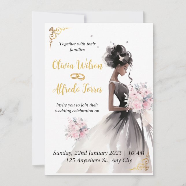 Invitation Elégante aquarelle Africaine Américaine Mariage ma (Devant)