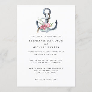 Invitation Elégante aquarelle Ancre marine Verdure