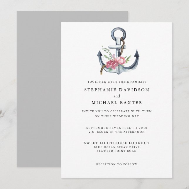 Invitation Elégante aquarelle Ancre nautique verte (Devant / Derrière)