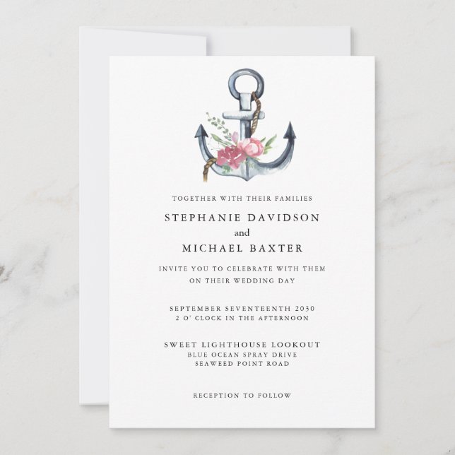 Invitation Elégante aquarelle Ancre nautique verte (Devant)
