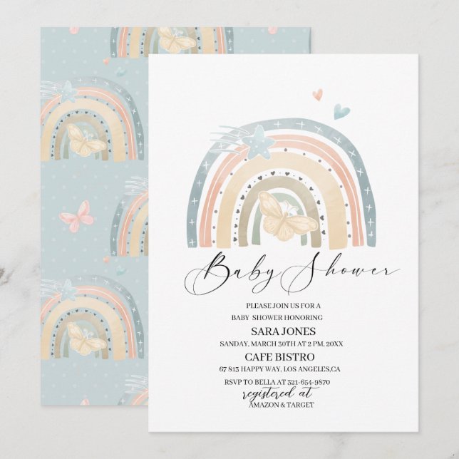 Invitation Elégante aquarelle arc-en-ciel et papillon Floral (Devant / Derrière)