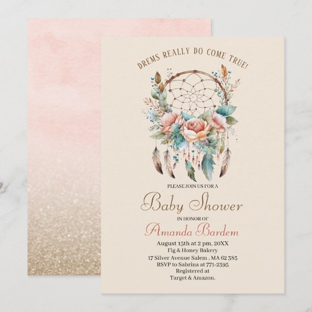 Invitation Elégante aquarelle attrape rêve et fleurs (Devant / Derrière)