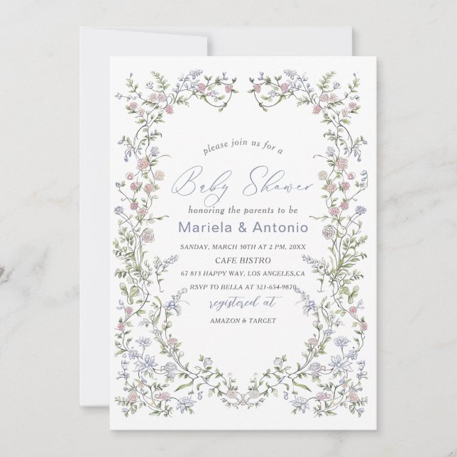 Invitation Elégante aquarelle Baby shower de fleurs bleu rose (Devant)