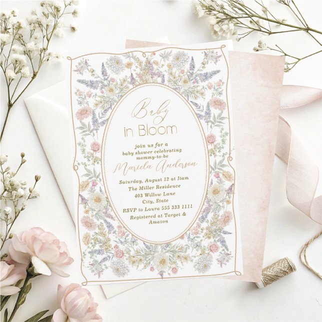 Invitation Elégante aquarelle bébé dans le sang Fleurs roses  (Créateur téléchargé)
