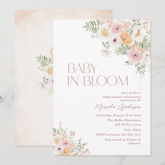Invitation Elégante aquarelle bébé dans le sang Fleurs roses  (Devant / Derrière)