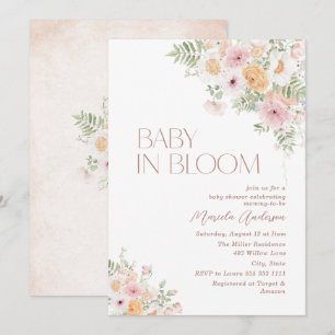 Invitation Elégante aquarelle bébé dans le sang Fleurs roses 