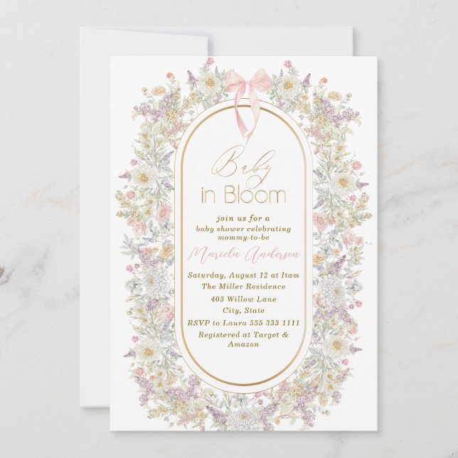 Invitation Elégante aquarelle bébé dans le sang Fleurs roses  (Devant)