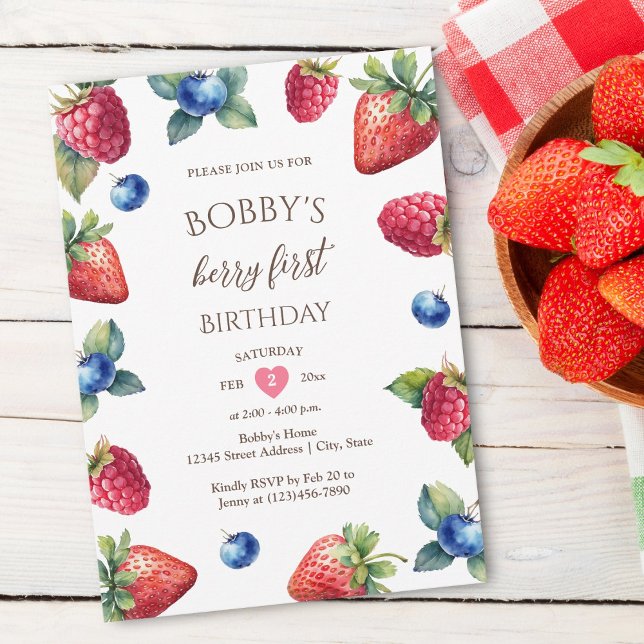 Invitation Elégante aquarelle bébé fille Berry premier annive (Créateur téléchargé)