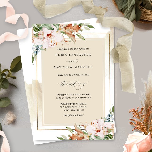 Invitation Elégante Aquarelle Beige et Mariage Floral Terre (Créateur téléchargé)