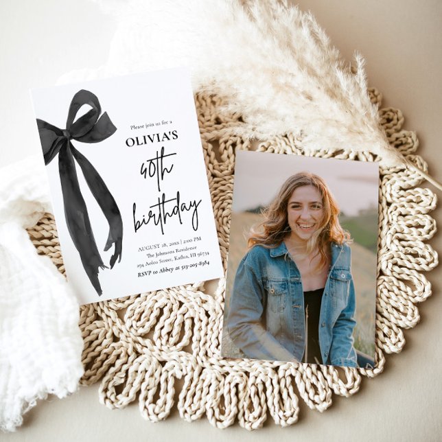 Invitation Elégante aquarelle Black Bow 40e fête d'anniversai (Watercolor Modern Elegant Coquette Black Bow Photo 40th Birthday Party Invitation)