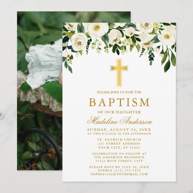 Invitation Elégante aquarelle blanc floral or Baptême photo (Devant / Derrière)