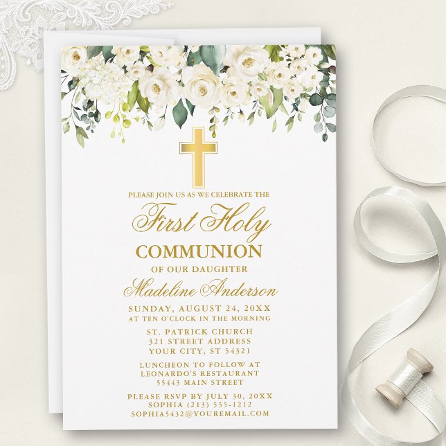 Invitation Elégante aquarelle blanc Floral première communion (Customize to change text color, size, style or to add photos or more text to back of card.)
