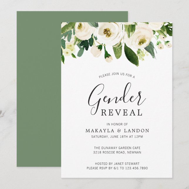 Invitation Elégante aquarelle blanche Floral Genre Reveillez (Devant / Derrière)