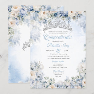 Invitation Elégante aquarelle bleu clair Floral Quinceañera