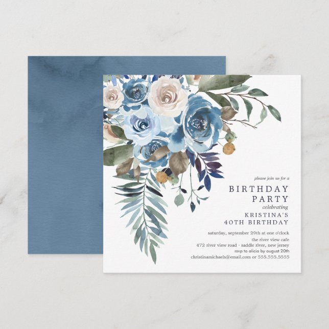 Invitation Elégante aquarelle bleu floral fête d'anniversaire (Devant / Derrière)