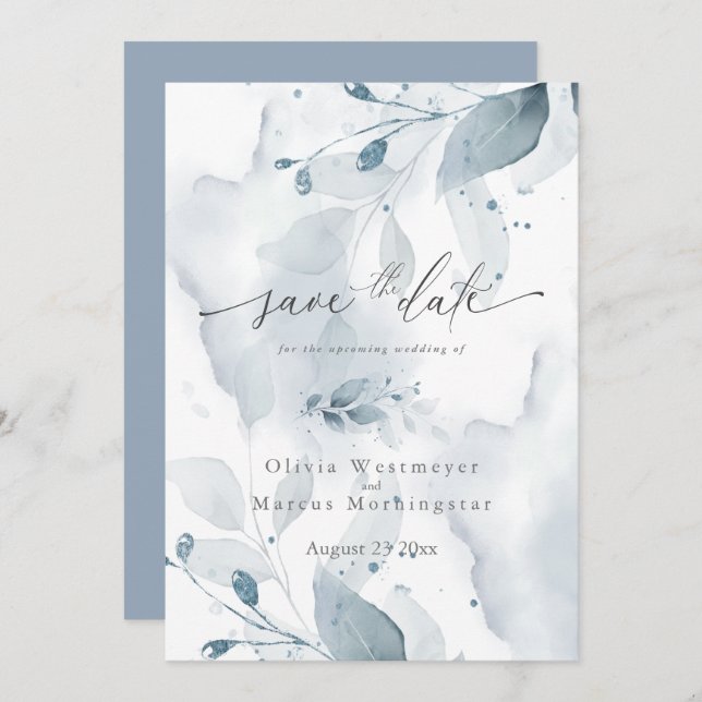 Invitation Elégante aquarelle Bleu Foliage Enregistrer la dat (Devant / Derrière)