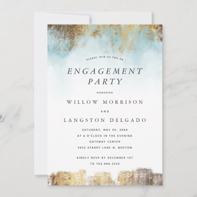 Invitation Elégante Aquarelle Bleu Gold Fiançailles (Devant)