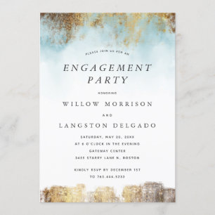 Invitation Elégante Aquarelle Bleu Gold Fiançailles