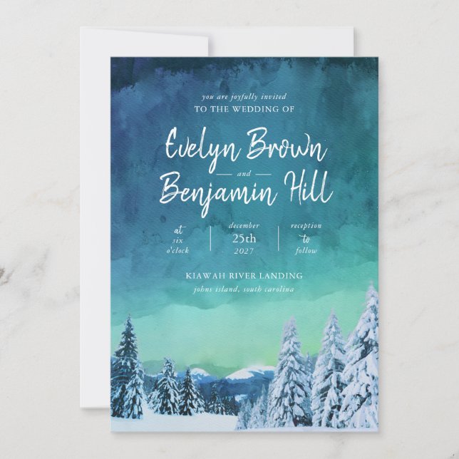 Invitation Elégante aquarelle bleu hiver Mariage de neige Inv (Devant)