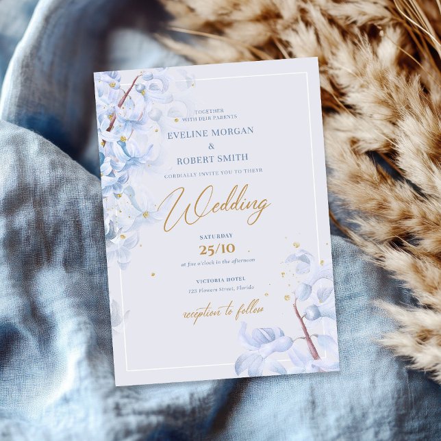 Invitation Elégante aquarelle bleu hyacinthe faux or (Elegant watercolor blue hyacinth faux gold invitation)