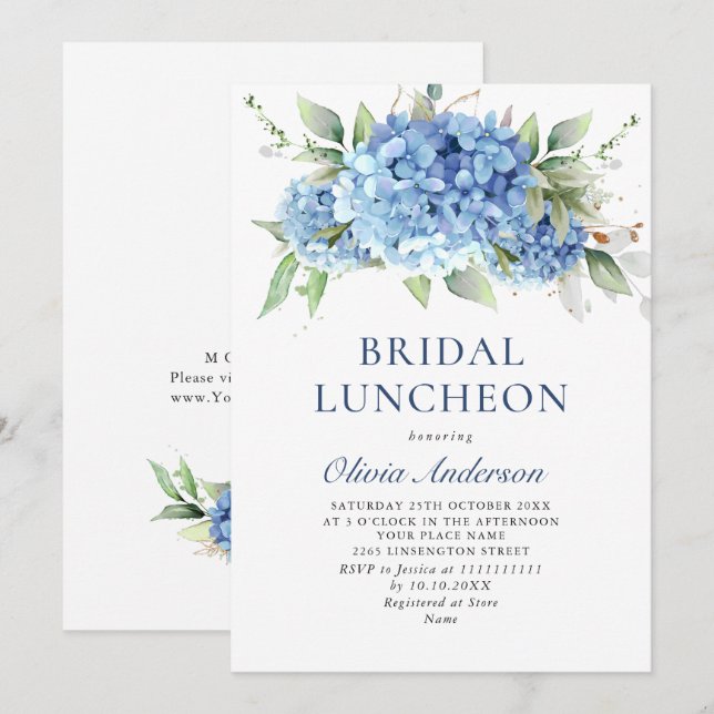 Invitation Elégante aquarelle bleu Hydrangea BRIDAL LUNCHEON (Devant / Derrière)