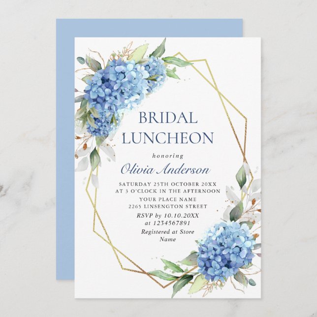 Invitation Elégante aquarelle bleu Hydrangea BRIDAL LUNCHEON (Devant / Derrière)
