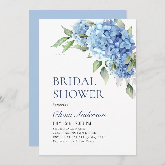 Invitation Elégante aquarelle bleu Hydrangea FÊTE DES MARIÉES (Devant / Derrière)