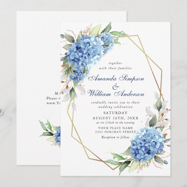 Invitation Elégante aquarelle bleu Hydrangea Mariage floral (Devant / Derrière)