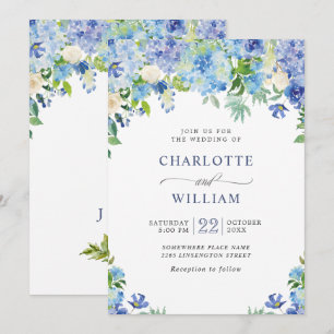 Invitation Elégante aquarelle bleu Hydrangea Mariage floral