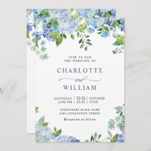 Invitation Elégante aquarelle bleu Hydrangea Mariage floral