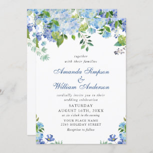 Invitation Elégante aquarelle bleu Hydrangea Mariage floral