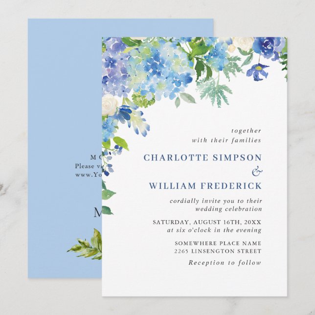 Invitation Elégante aquarelle bleu Hydrangea Mariage floral (Devant / Derrière)