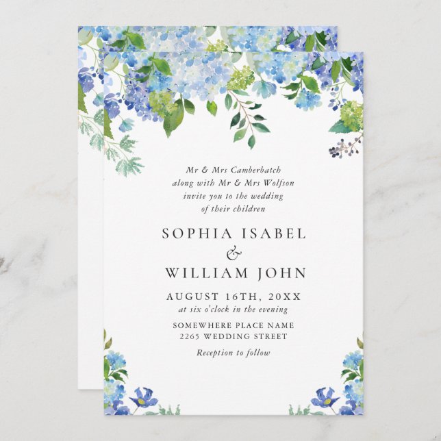 Invitation Elégante aquarelle bleu Hydrangea Mariage floral (Devant / Derrière)