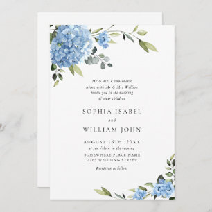 Invitation Elégante aquarelle bleu Hydrangea Mariage floral