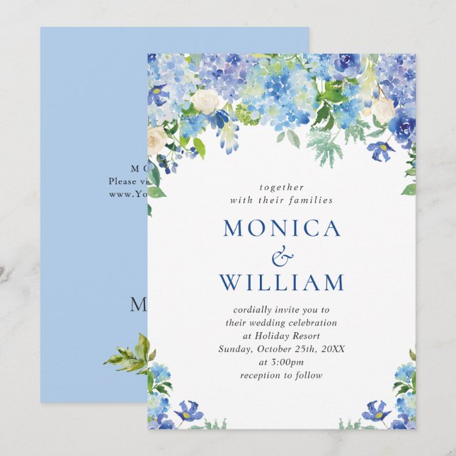 Invitation Elégante aquarelle bleu Hydrangea Mariage floral (Devant / Derrière)