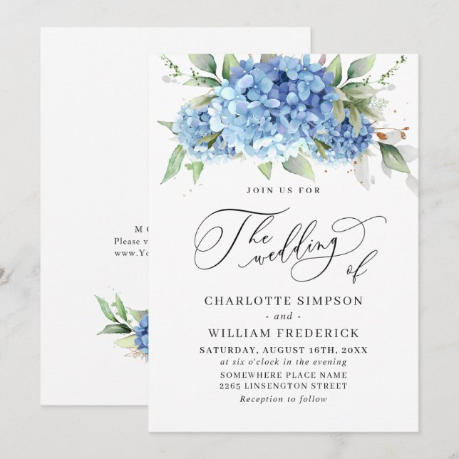 Invitation Elégante aquarelle bleu Hydrangea Mariage floral (Devant / Derrière)