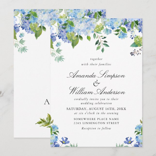 Invitation Elégante aquarelle bleu Hydrangea Mariage floral (Devant / Derrière)